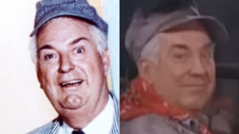 Split image of Smiley Burnette in a publicity photo from Petticoat Junction and in the closing credits