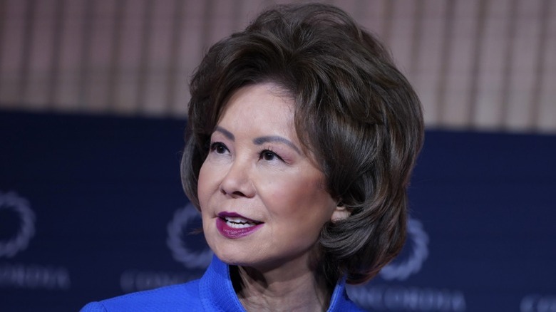 Elaine Chao speaks during the 2023 Concordia Annual Summit in a blue blazer