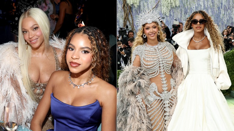 Side-by-side photos of Beyonce smiling with daughter Blue Ivy