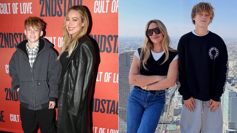 Side-by-side photos of Hilary Duff and her son Luca showing his growth spurt
