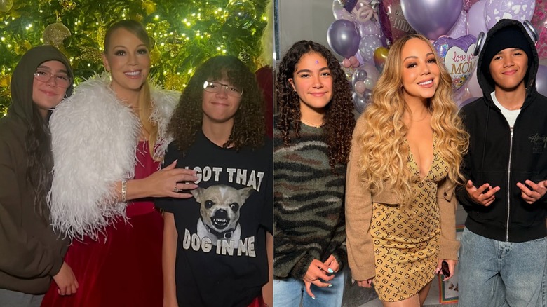 Side-by-side pictures of Mariah Carey smiling with her twins