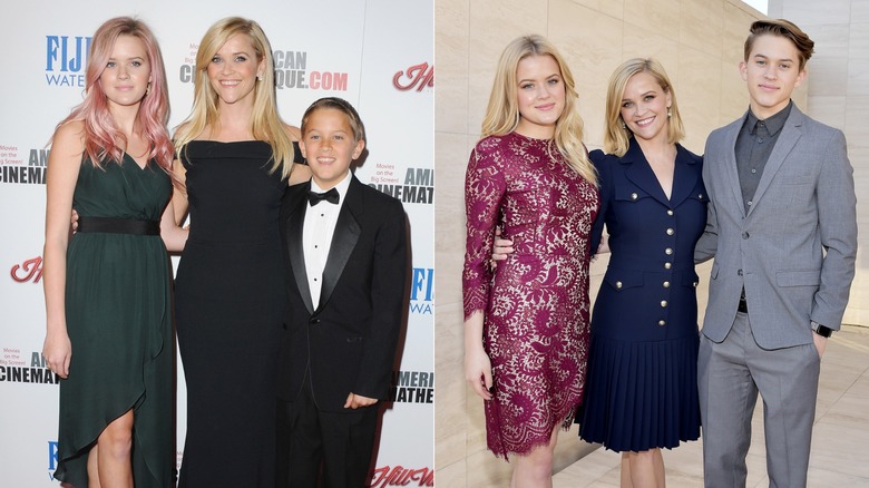 Side-by-side photos of Reese Witherspoon with kids Ava and Deacon