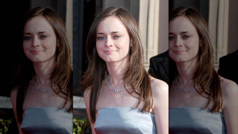 Alexis Bledel in a strapless light blue dress