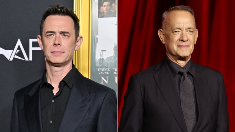 Colin Hanks and Tom Hanks in black tuxes