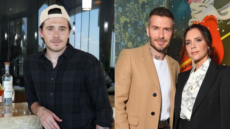 Split image of Brooklyn Beckham vs. David Beckham and Victoria Beckham
