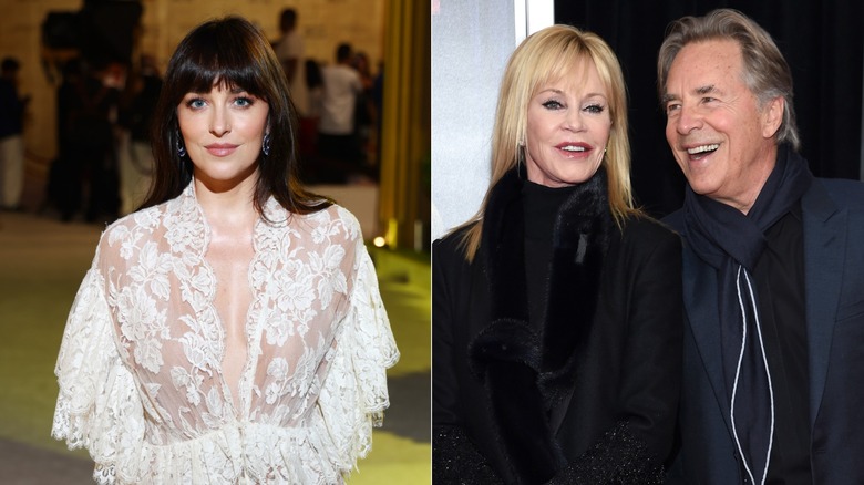 Split image of Dakota Johnson vs. Melanie Griffith and Don Johnson