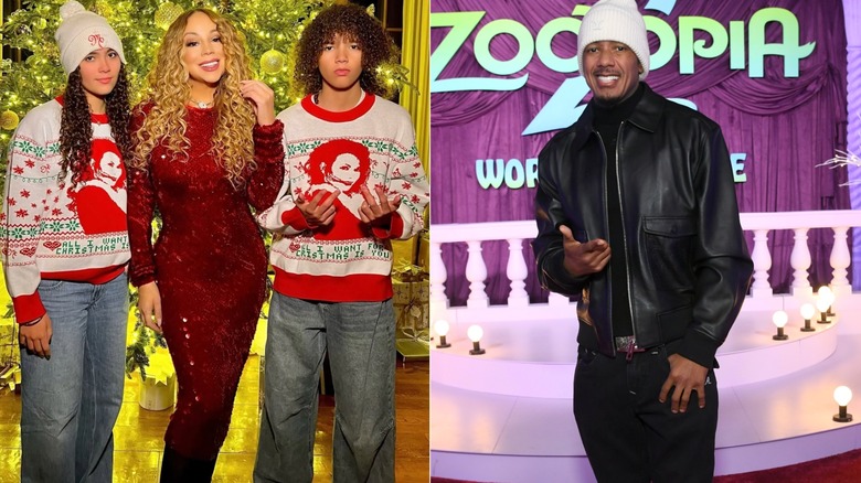 Split image of Mariah Carey, Monroe Cannon, and Moroccan Scott Cannon vs. Nick Cannon