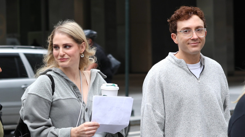Meghan Trainor and her husband, Daryl Sabara, are seen at the film set of "The Beauty" on April 21, 2025 in New York City