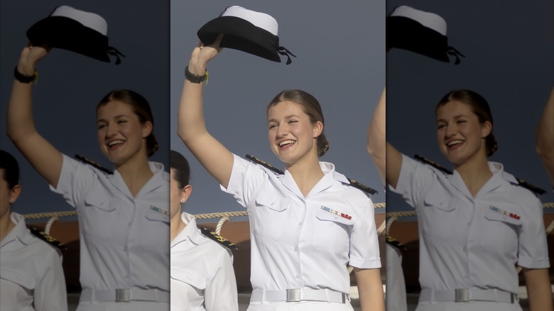 Crown Princess Leonor of Spain smiling in military dress