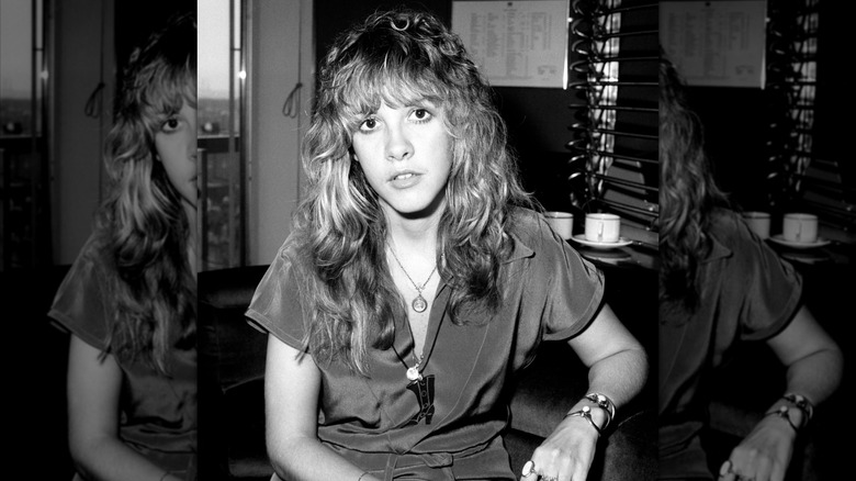 Black and white image of Stevie Nicks taken in 1977