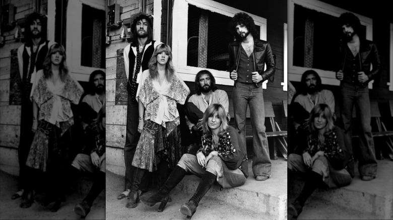 Black and white image of rock band Fleetwood Mac, circa 1975