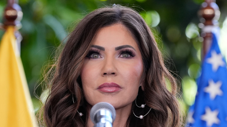 Kristi Noem speaks during a press briefing at the Ecuadorian Presidential Palace on July 31, 2025 in Quito, Ecuador