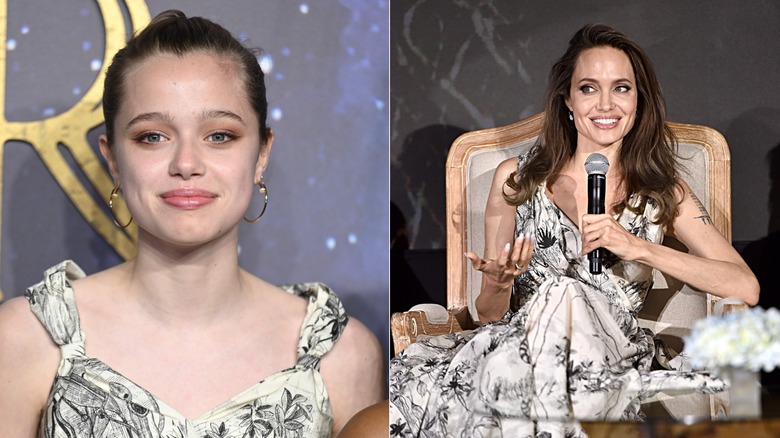 side-by-side of Shiloh Jolie and Angelina Jolie smiling in the same cream-and-black dress