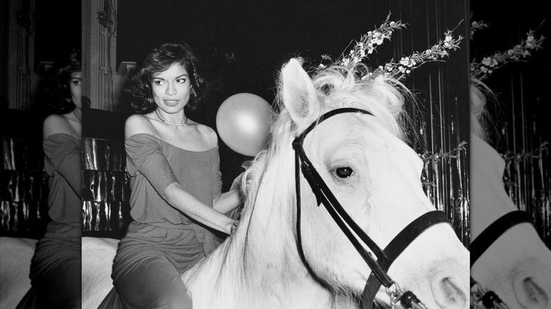 Bianca Jagger on a white horse at Studio 54 in 1977