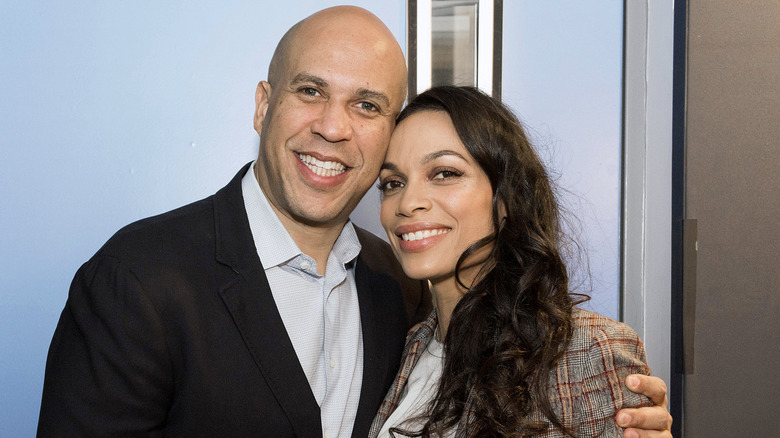US Senator Cory Booker and Rosario Dawson visit SiriusXM Studios on February 07, 2020 in New York City.