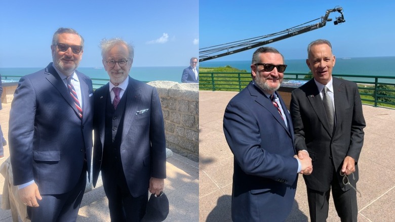 Two photos. One showing Ted Cruz with Steven Spielberg, the other is Cruz with Tom Hanks.