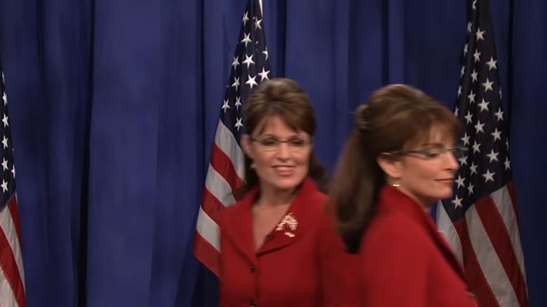 Tina Fey and Sarah Palin appearing together on Saturday Night Live for a brief moment.