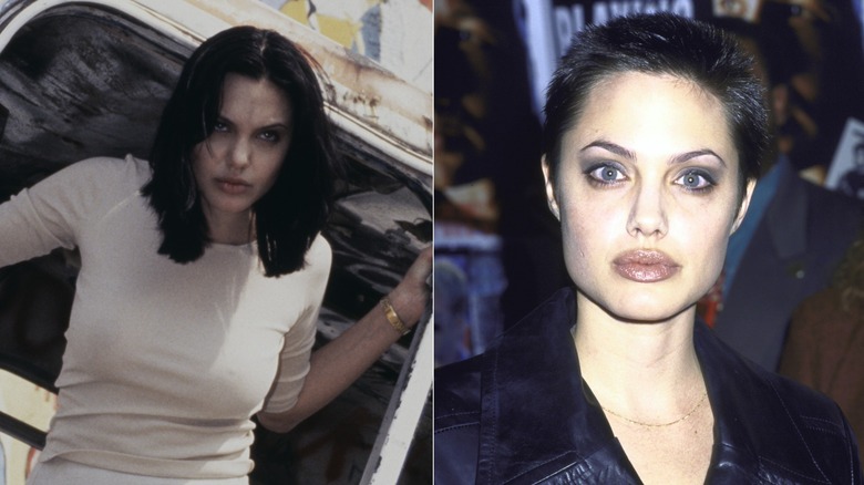 Split image of Angelina Jolie before and after shaving her head