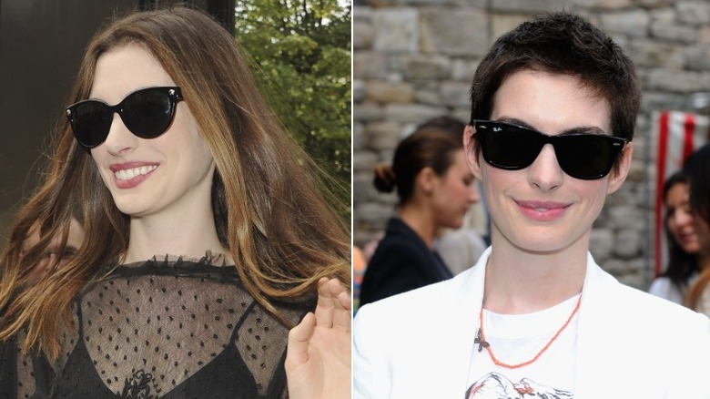 Split image of Anne Hathaway before and after shaving her head