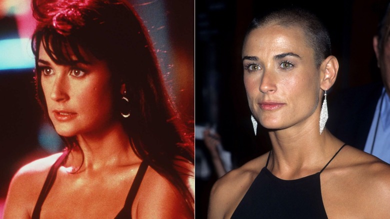 Split image of Demi Moore before and after shaving her head