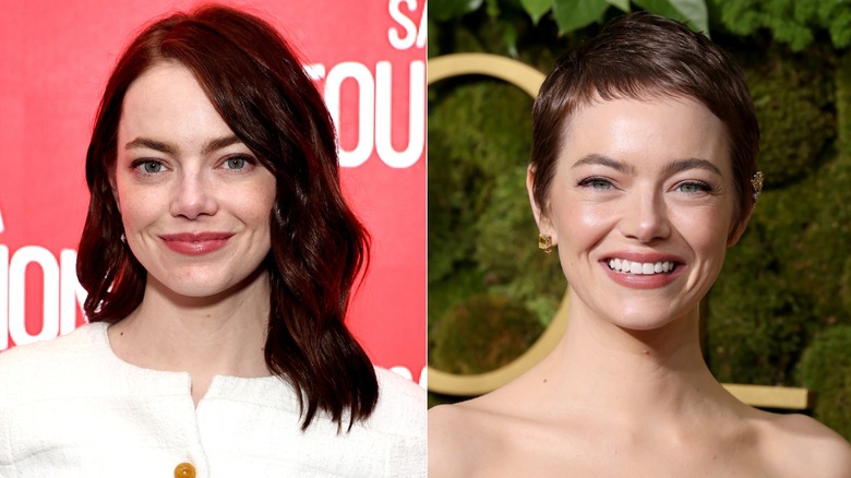 Split image of Emma Stone before and after shaving her head