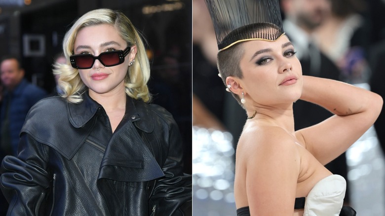Split image of Florence Pugh before and after shaving her head