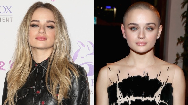 Split image of Joey King before and after shaving her head
