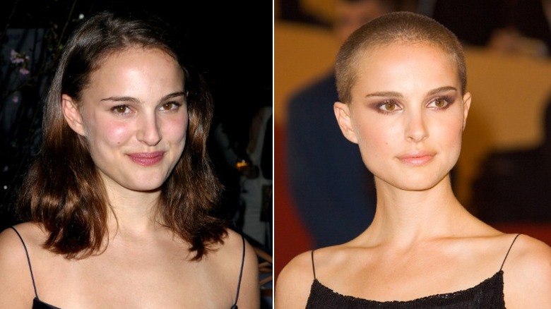 Split image of Natalie Portman before and after shaving her head