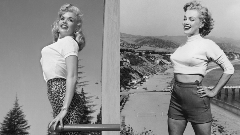 Split image of Jayne Mansfield and Marilyn Monroe wearing tight sweaters outdoors.