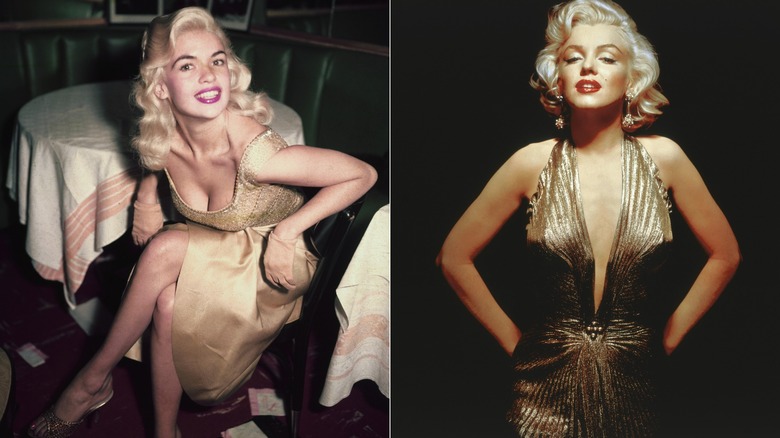Split image of Jayne Mansfield and Marilyn Monroe wearing gold dresses.