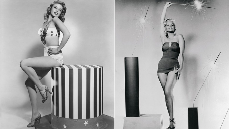 Split image of Jayne Mansfield sitting on a giant Uncle Sam hat and Marilyn Monroe posing with a sparkler above her head next to giant fake fireworks.