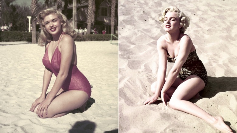 Split image of Jayne Mansfield and Marilyn Monroe wearing one-piece swimsuits and sitting in the sand.