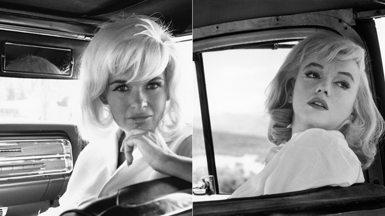 Split image of Jayne Mansfield and Marilyn Monroe wearing white shirts in the front seat of automobiles.