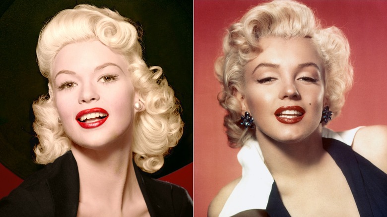 Split image of Jayne Mansfield and Marilyn Monroe with curled hair and red lipstick.