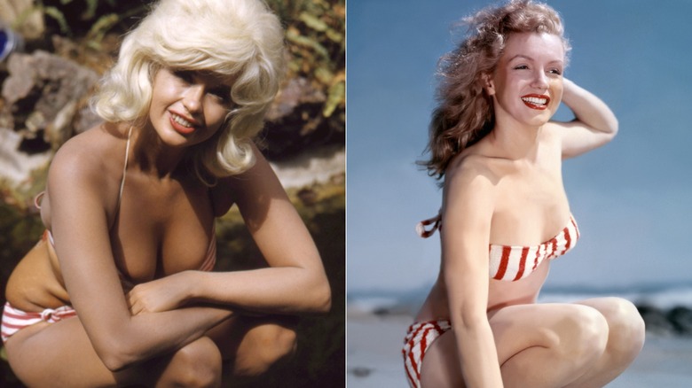 Split image of Jayne Mansfield and Marilyn Monroe squatting down in red and white striped bikinis.
