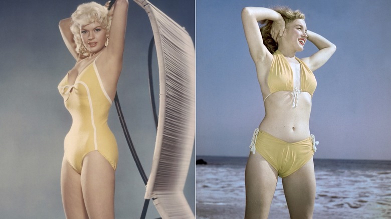 Split image of Jayne Mansfield posing in a yellow one-piece swimsuit and Marilyn Monroe posing in a yellow bikini.
