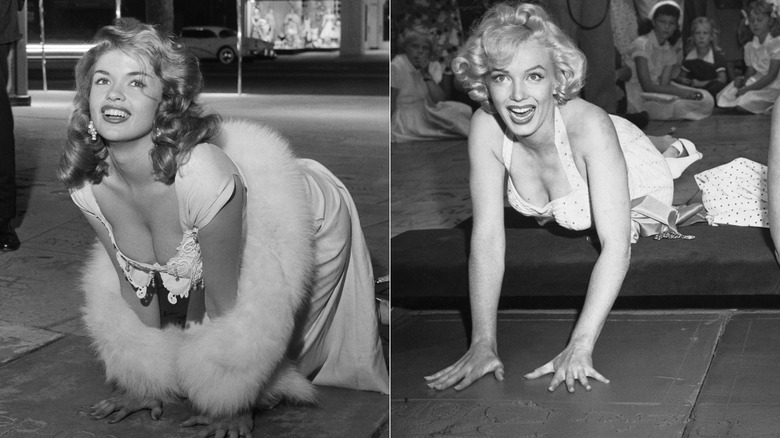 Split image of Jayne Mansfield placing her hands in Marilyn Monroe's handprints at TCL Chinese Theatre and Marilyn Monroe creating them by pressing her hands in cement.