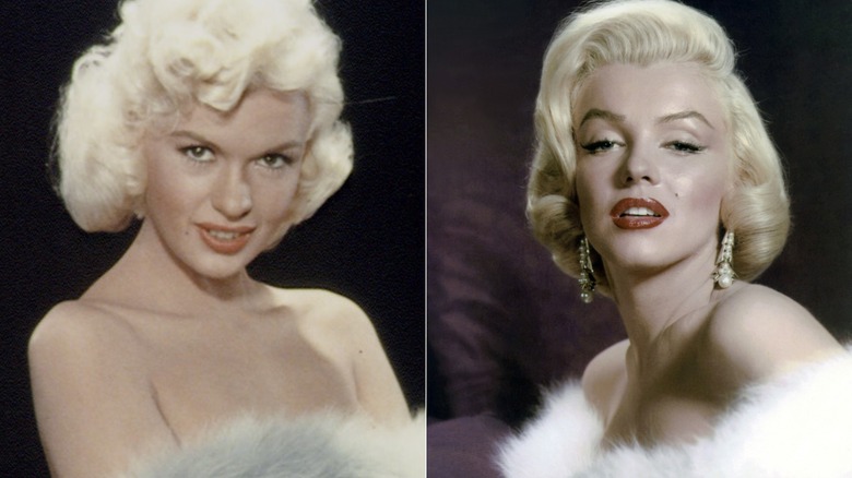 Split image of Jayne Mansfield and Marilyn Monroe posing with fur stoles and bare shoulders.