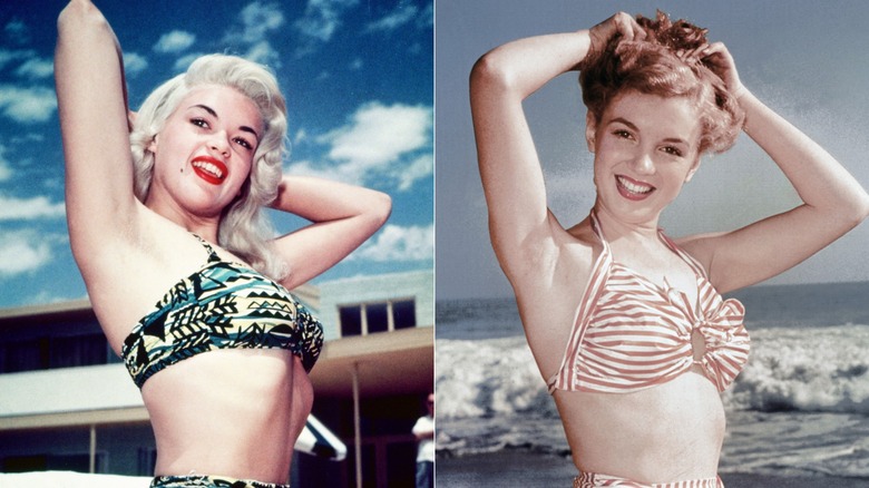 Split image of Jayne Mansfield and Marilyn Monroe posing in bikini tops with their hands on their heads.