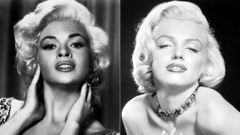 Split image of Jayne Mansfield and Marilyn Monroe posing with their chins tilted up.