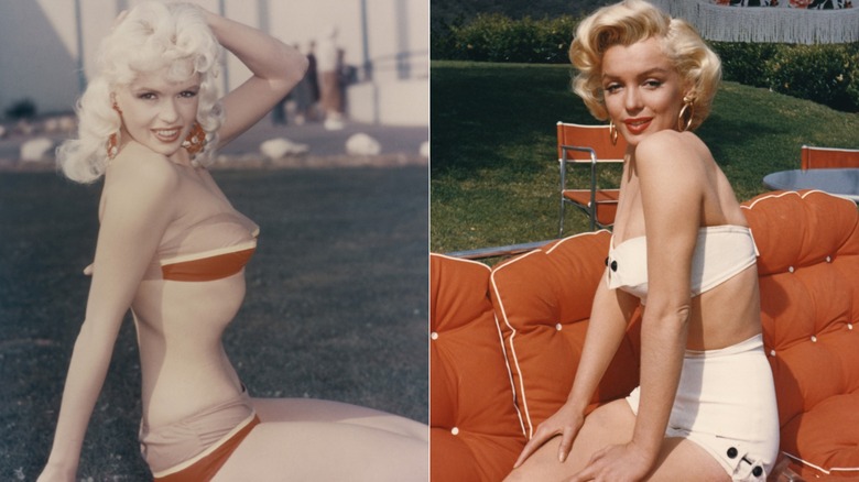 Split image of Jayne Mansfield wearing a red and flesh-toned bikini on a lawn and Marilyn Monroe wearing a white bikini on a patio sofa.