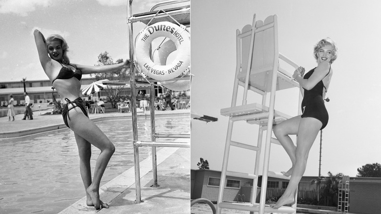 Split image of a bikini-clad Jayne Mansfield grabbing a pole of a lifeguard tower and Marilyn Monroe climbing a lifeguard tower.