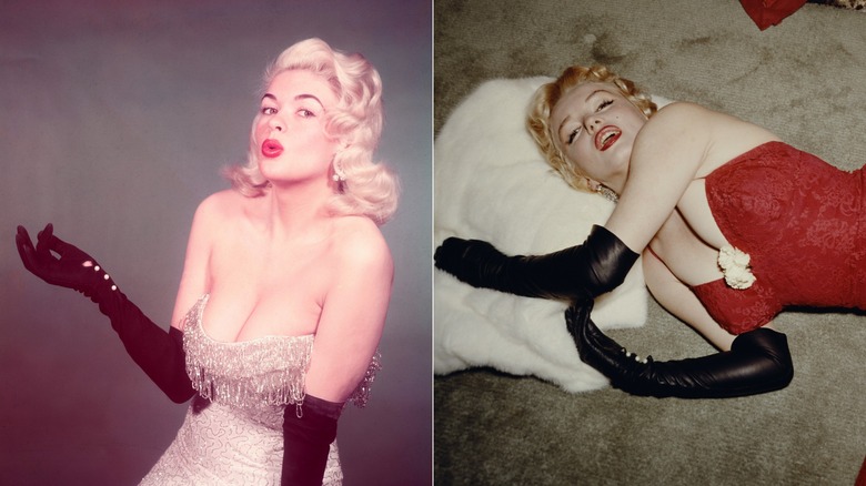 Split image of Jayne Mansfield and Marilyn Monroe wearing black opera gloves.