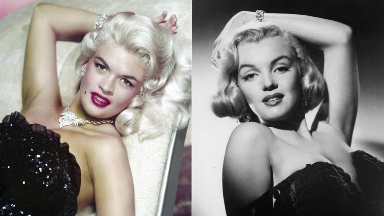 Split image of Jayne Mansfield and Marilyn Monroe posing in strapless dresses with one arm over their heads.