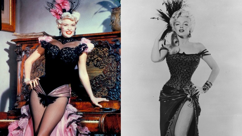 Split image of Jayne Mansfield and Marilyn Monroe wearing showgirl costumes.