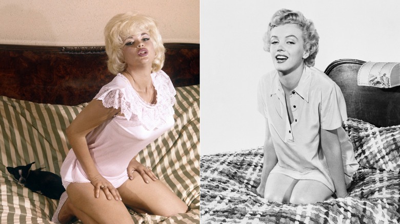 Split image of Jayne Mansfield and Marilyn Monroe posing on their knees on beds.