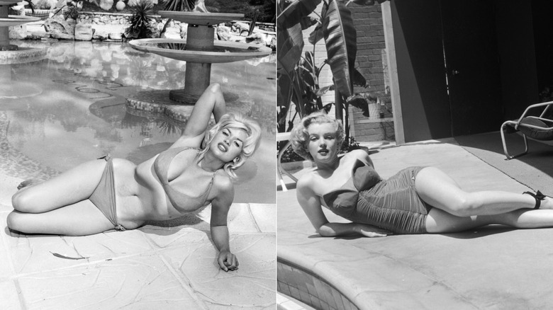 Split image of Jayne Mansfield and Marilyn Monroe wearing bathing suits and stretched on on their sides on patios.