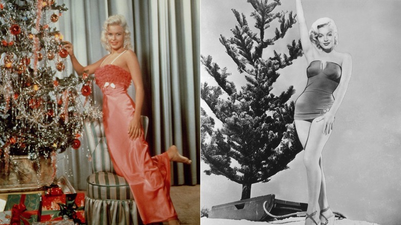 Split image of Jayne Mansfield posing beside a decorated Christmas tree and Marilyn Monroe posing beside a bare tree.