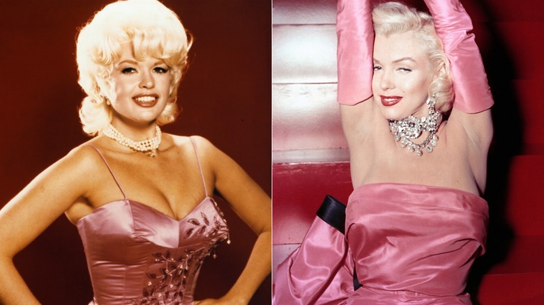 Split image of Jayne Mansfield and Marilyn Monroe wearing shiny pink dresses.