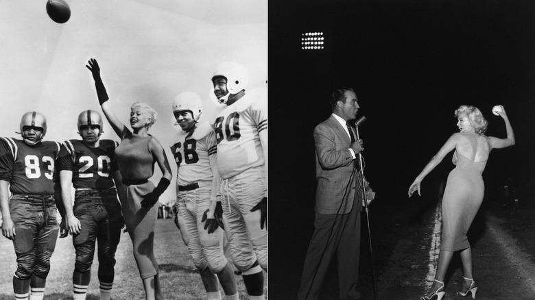 Split image of Jayne Mansfield throwing a football and Marilyn Monroe throwing a baseball.